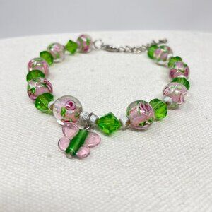 Fairy Garden Bracelet Butterfly Rose Floral Lampwork‎ Glass Beads Feminine  Soft